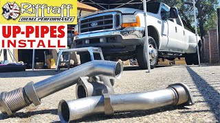 2001 F350 73  RiffRaff UpPipes Install  Stock up pipes leaking and falling apart JUNK SP [upl. by Eddra79]